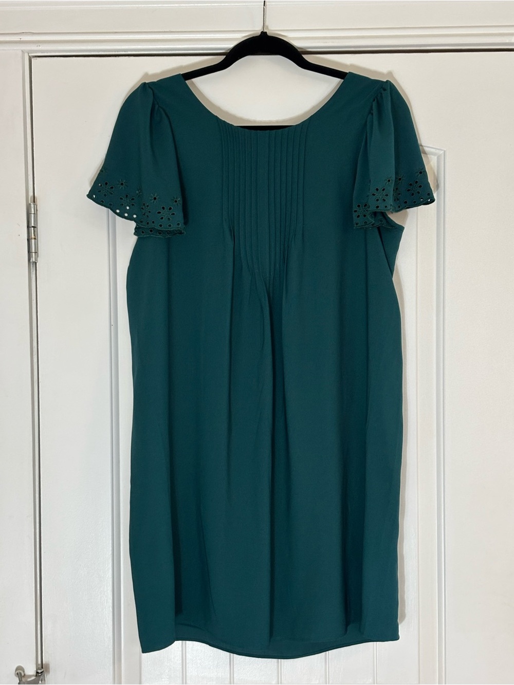 Maison Cinqcent size Med Teal Pintuck Fit & Flare Dress with Eyelet Sleeves - Picture 3 of 7